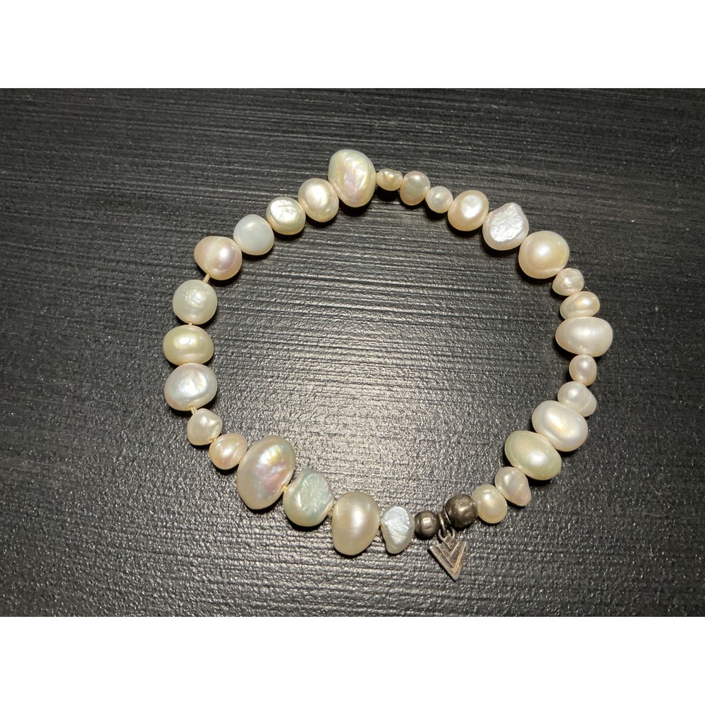 Sterling Silver 925 Freshwater Baroque Pearl Stretch Bracelet Cream Iridescent